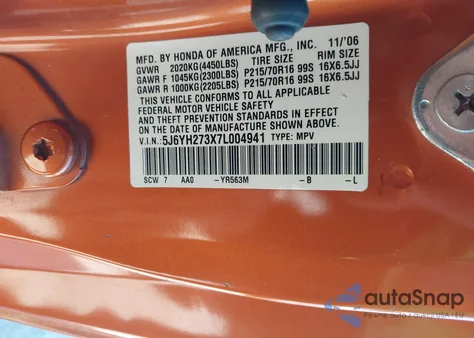 2007 Honda Element Lx z USA, uszkodzony, nr VIN 5J6YH273X7L004941